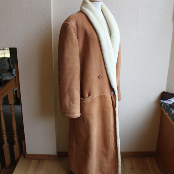 Vintage 80's Tan  Sawyer Napa Ca Women's Shearling Sheepskin Fur Long Coat 16 - Picture 2 of 13